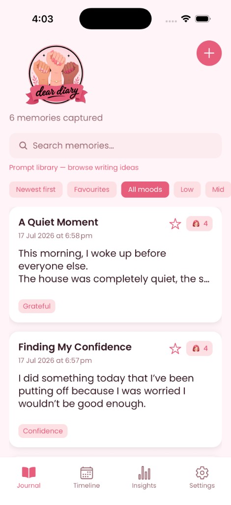 Dear Diary journal home screen listing captured memories