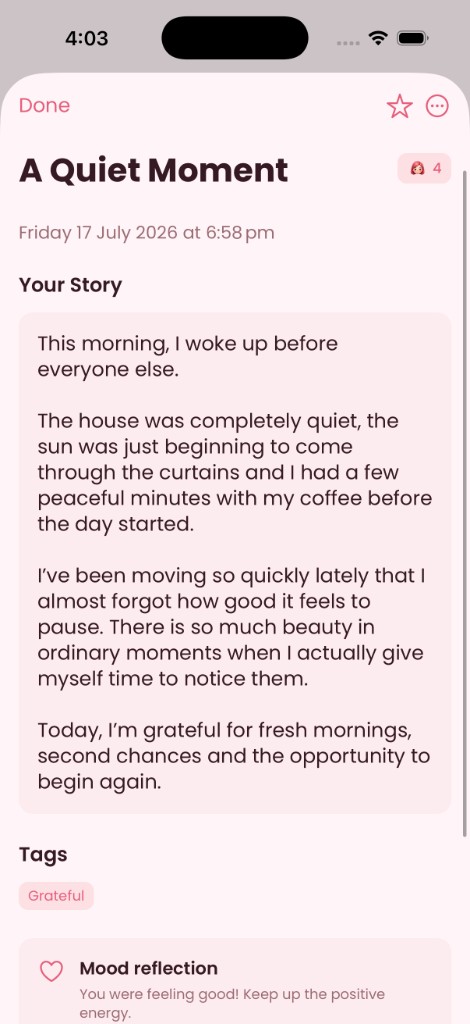A Dear Diary journal entry titled A Quiet Moment