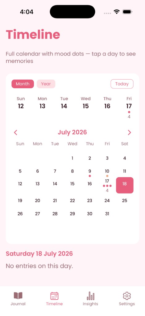 Dear Diary timeline calendar with mood dots