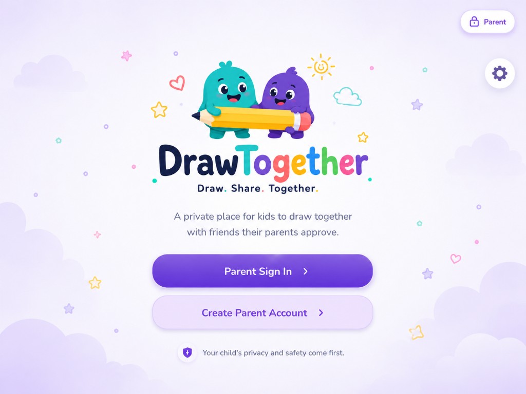 DrawTogether welcome screen with Parent Sign In and Create Parent Account