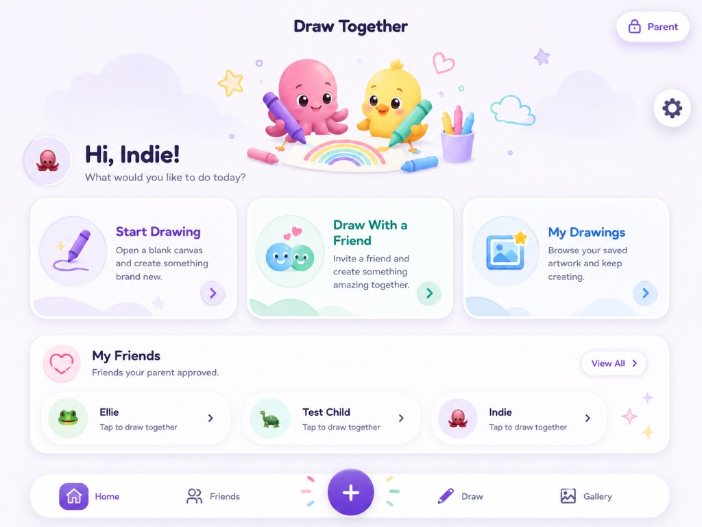 DrawTogether child home with Start Drawing, Draw With a Friend and My Drawings