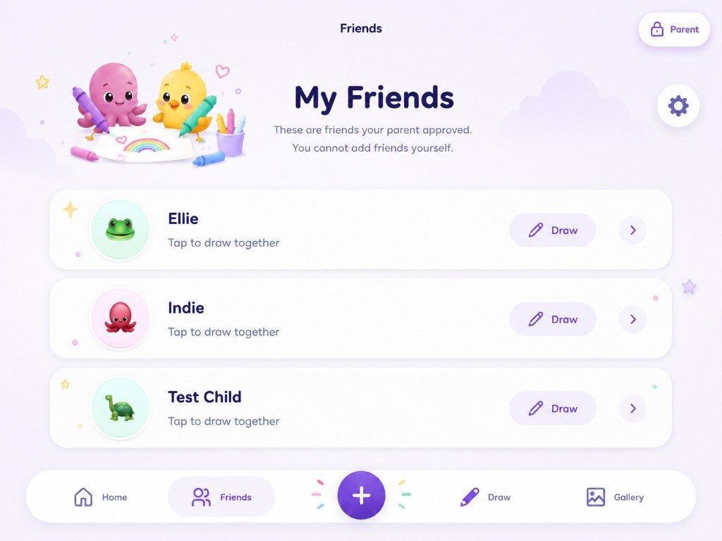 DrawTogether Friends screen showing parent-approved friends
