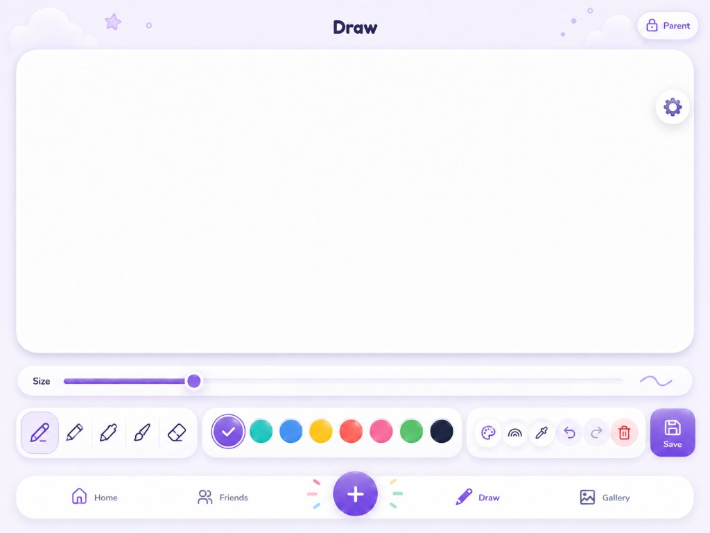DrawTogether drawing canvas with brush size, tools, colours and Save