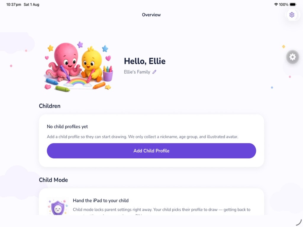 DrawTogether parent overview with child profiles, connections and safety controls