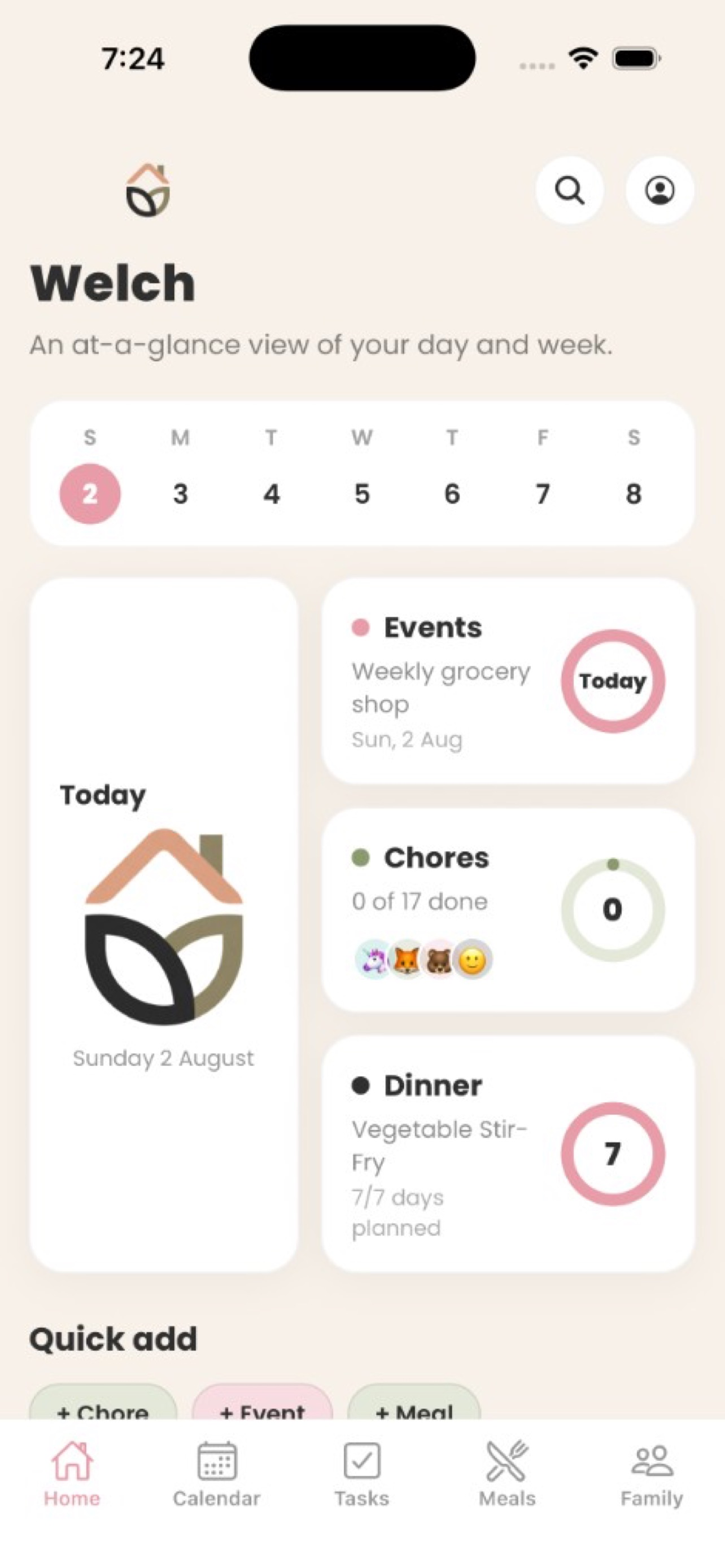 TaskNest home dashboard with today overview