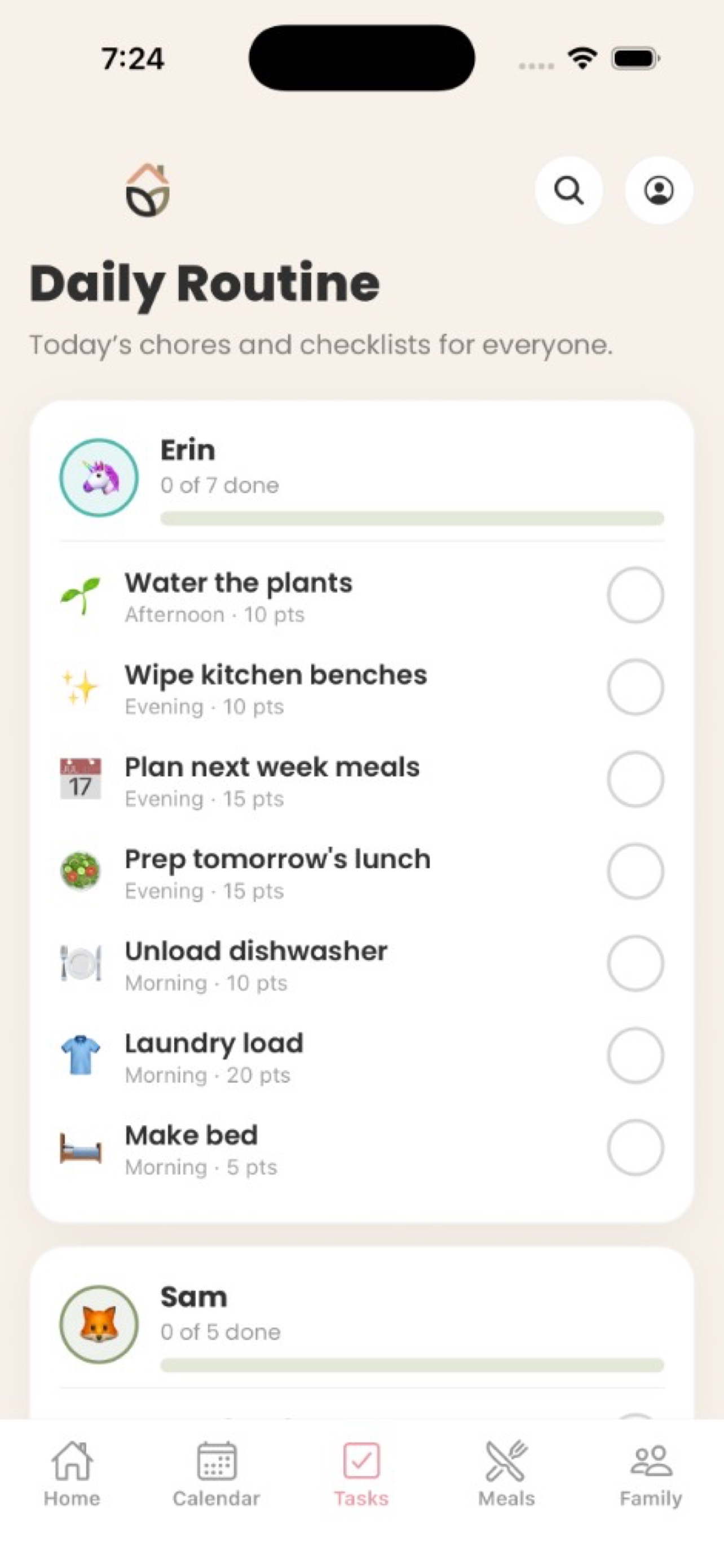 Daily routine chores list by family member