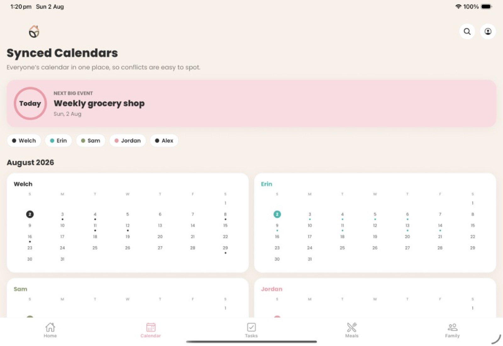 Synced Calendars screen with next big event and member calendars