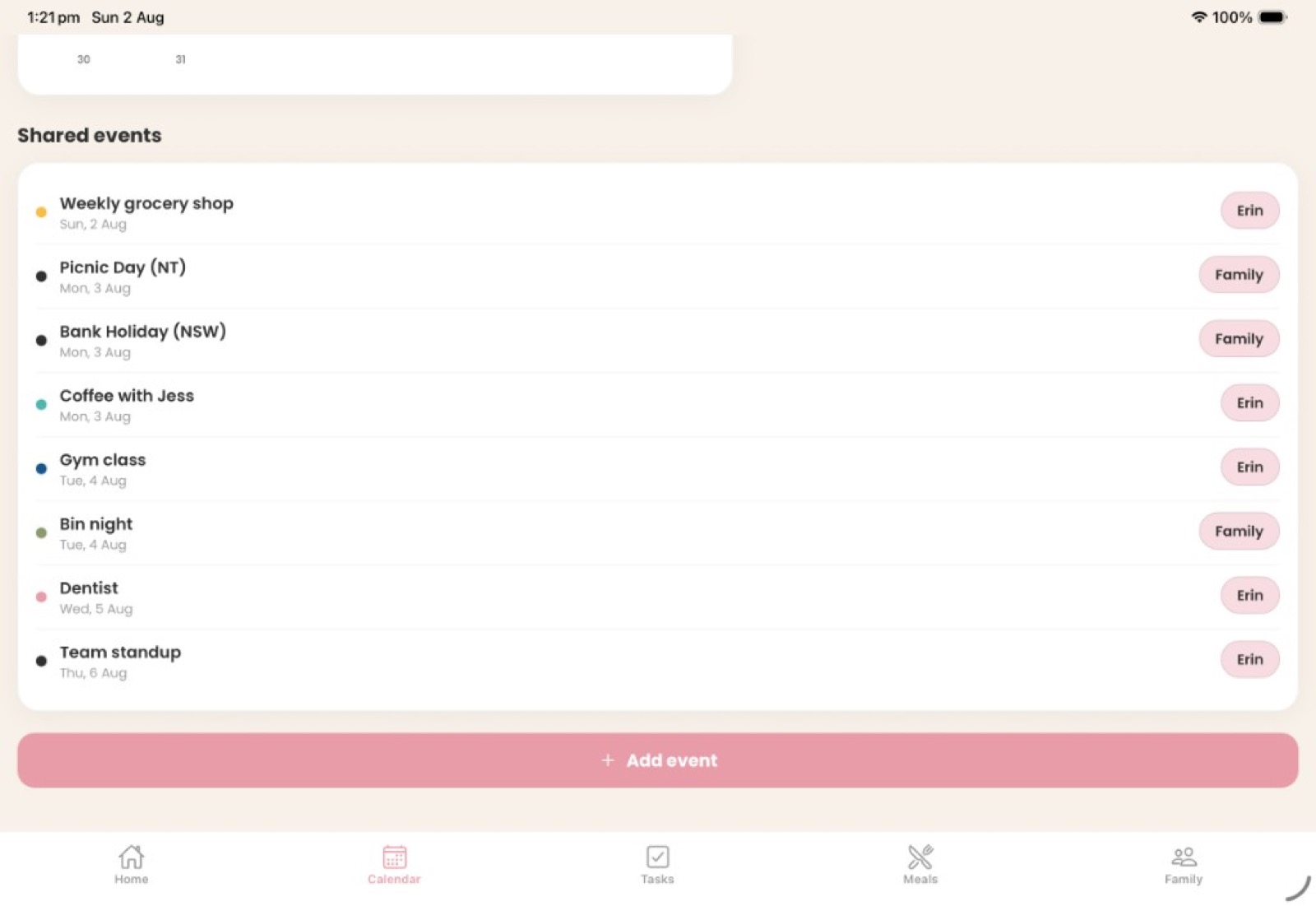 Shared events list with colour-coded household calendar items
