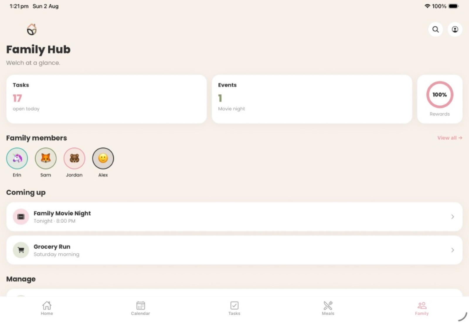 Family Hub overview with members, open tasks and upcoming events