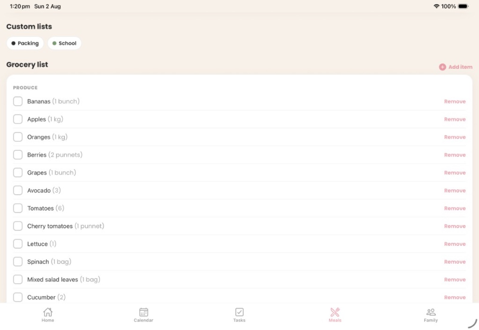 Categorised grocery list with produce items and custom lists