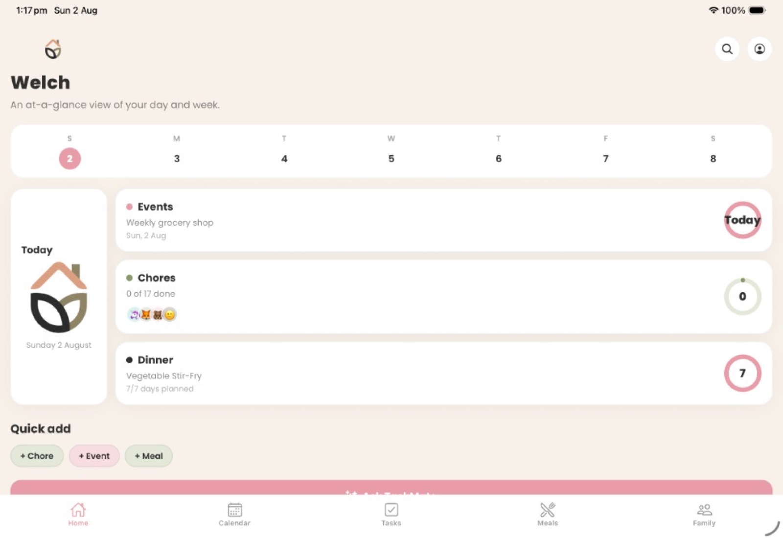 TaskNest home dashboard on iPad showing today's events, chores and dinner