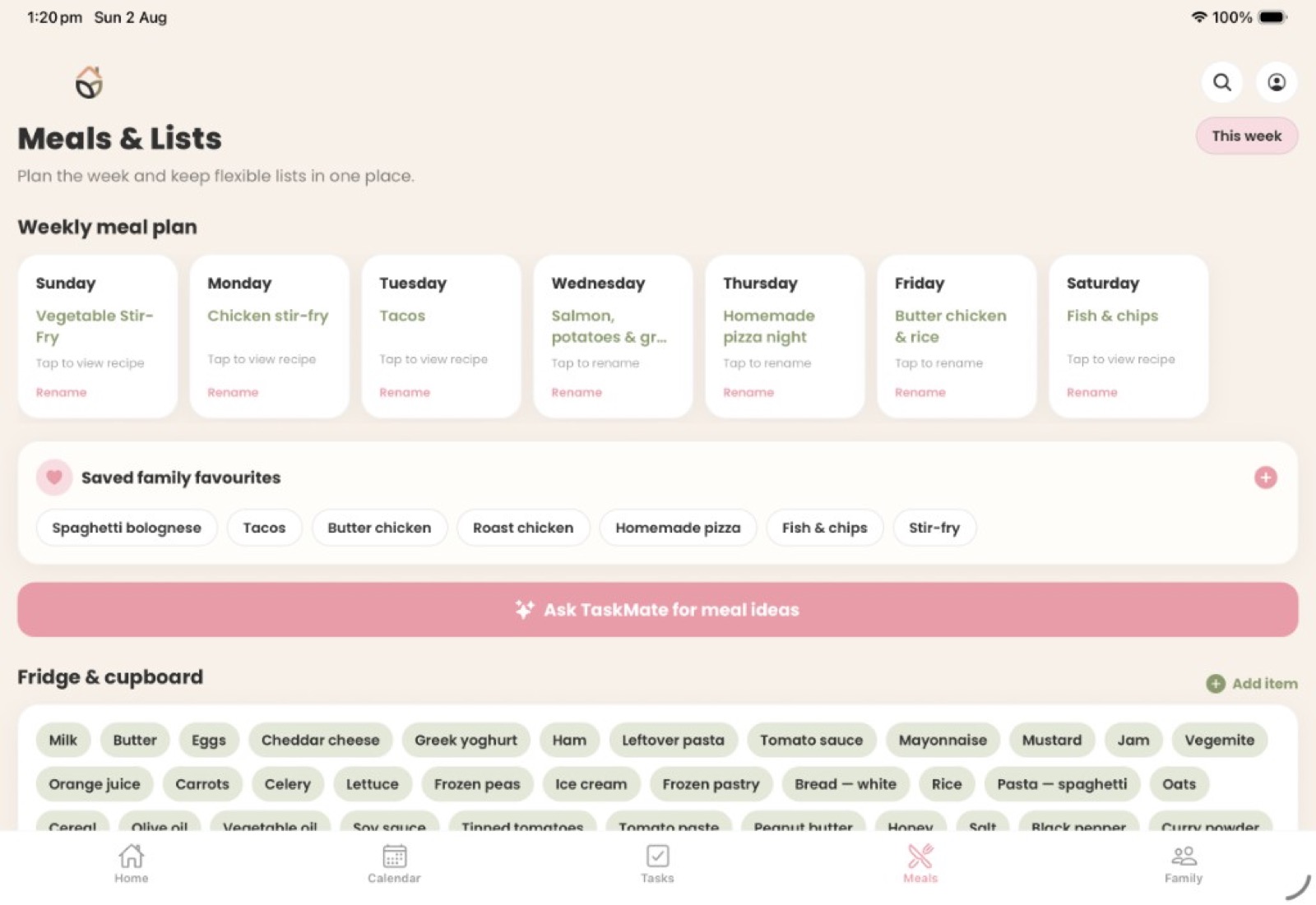 Meals and Lists screen with weekly plan and fridge cupboard inventory