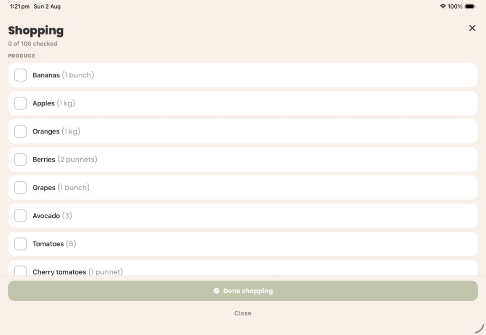 Shopping mode with checkboxes and done shopping button