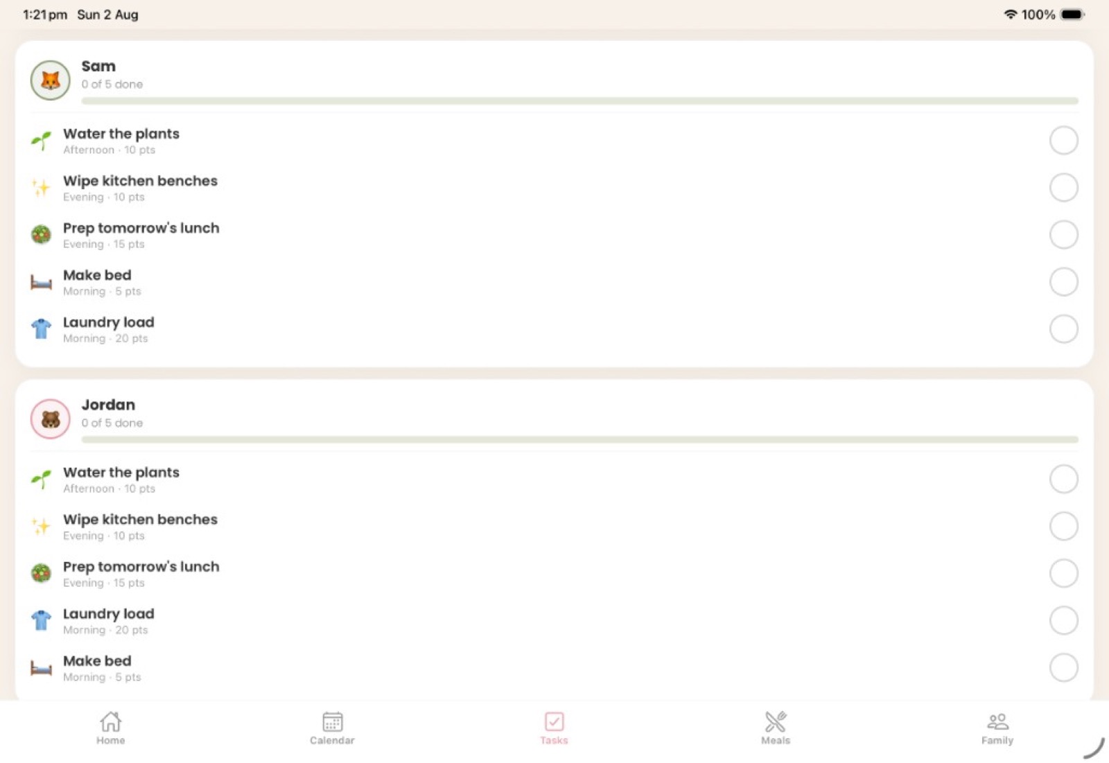 Tasks screen showing Sam and Jordan chore lists