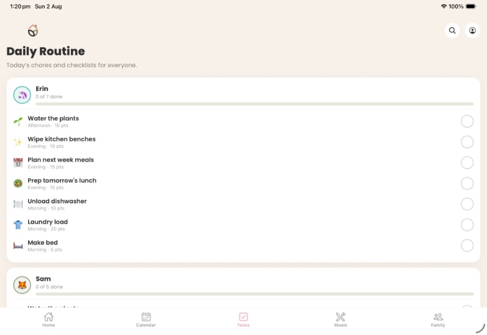 Daily Routine screen with chores assigned by family member